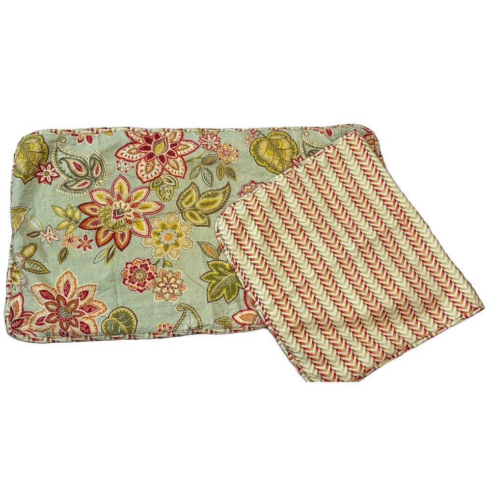 Pair Waverly Jacobean Set 2 Quilted Pillow Shams Floral & Chevron Back 36x21